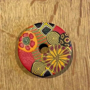Vintage Hand Painted Wooden Scarf Pin Boho Folk Art Klimt Style Multicolor